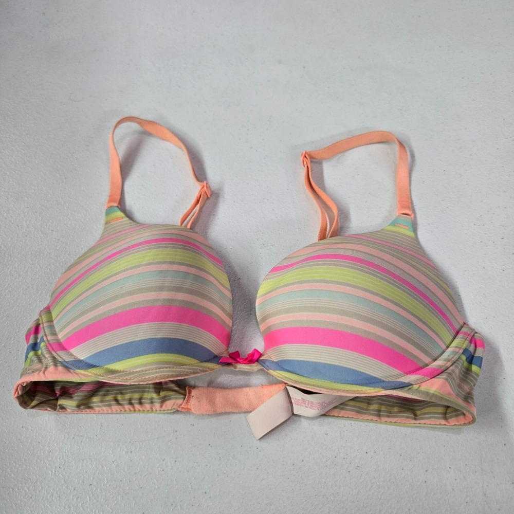 Victoria Secret Women Bra 32C Orange Striped Pastel Push Up Underwire